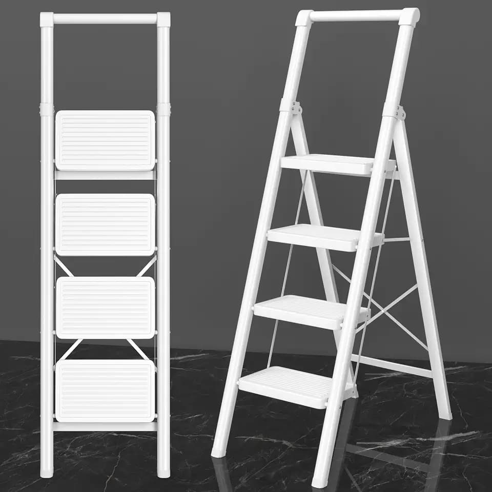 4 Step Ladder, DIAMONDFORGE Folding Step Stool with Wide Anti-Slip Pedal, Anti-Slip Feet and Handgrip, Sturdiest Steel Construction, Steel Ladder for Home, White