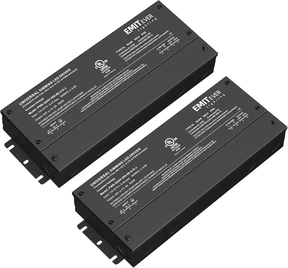 EMITEVER 2-Pack 300W 24V 5-in-1 Dimmable LED Driver, AC 110-277V to DC
