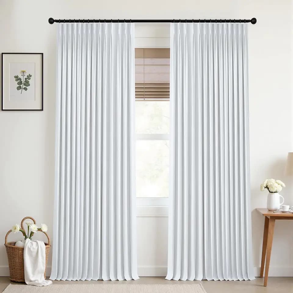 Mrs.Naturall 90 Inch Long Curtains for Bedroom,White Pinch Pleat Linen Blackout Noise Reducing Soundproof Curtains for Living Room,90 Inches Long 2 Panels Set