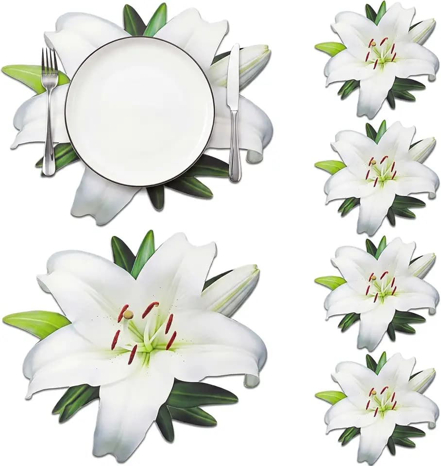 Remerry Leather Pink Peony Flower Placemat Set of 6 Green Palm Leaf Place Mats Lily Flower Table Place Heat Resistant Washable Non-Slip Dinner Mats for Spring Summer Party Kitchen Home Decors(Lily)