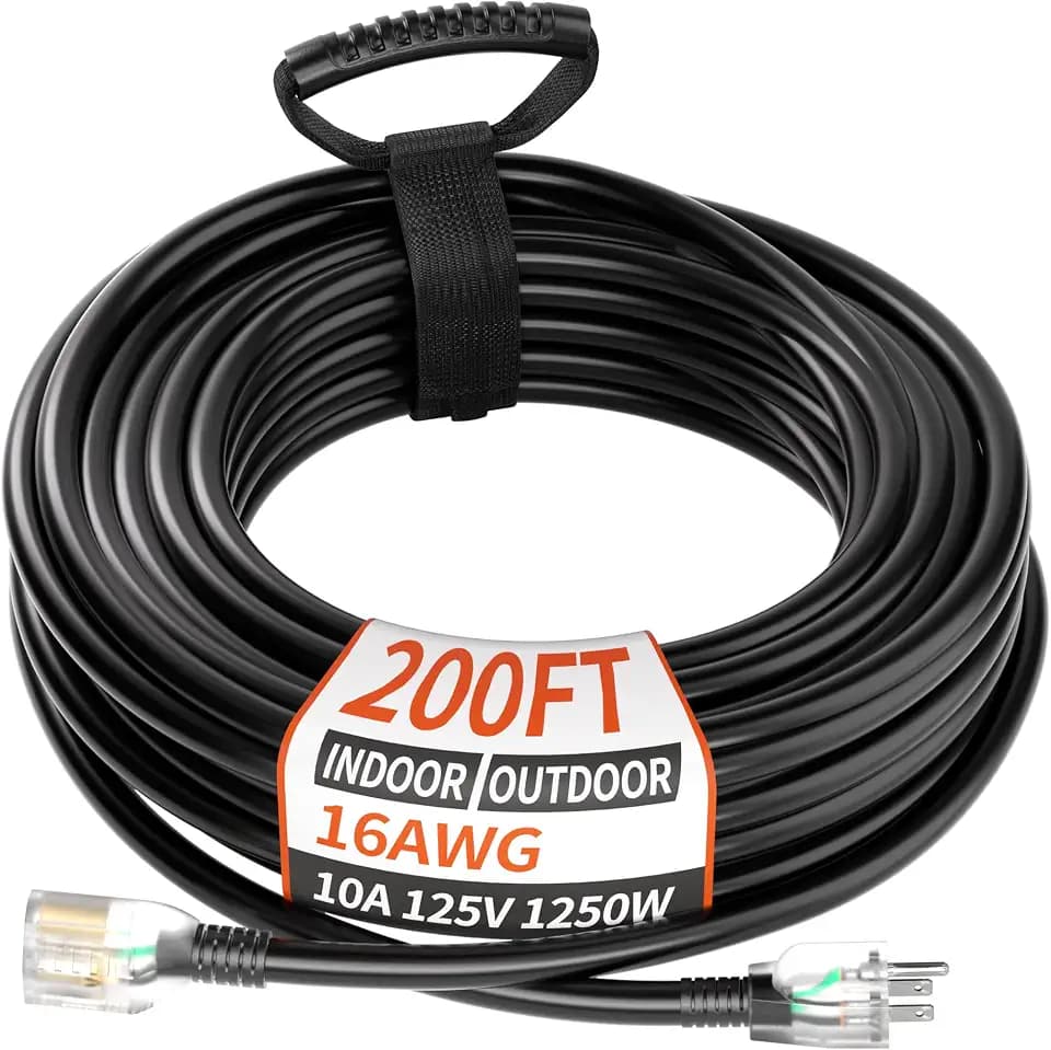 PlugSaf 16/3 Gauge 200 FT Extension Cord Outdoor, Long Black Extension Cord