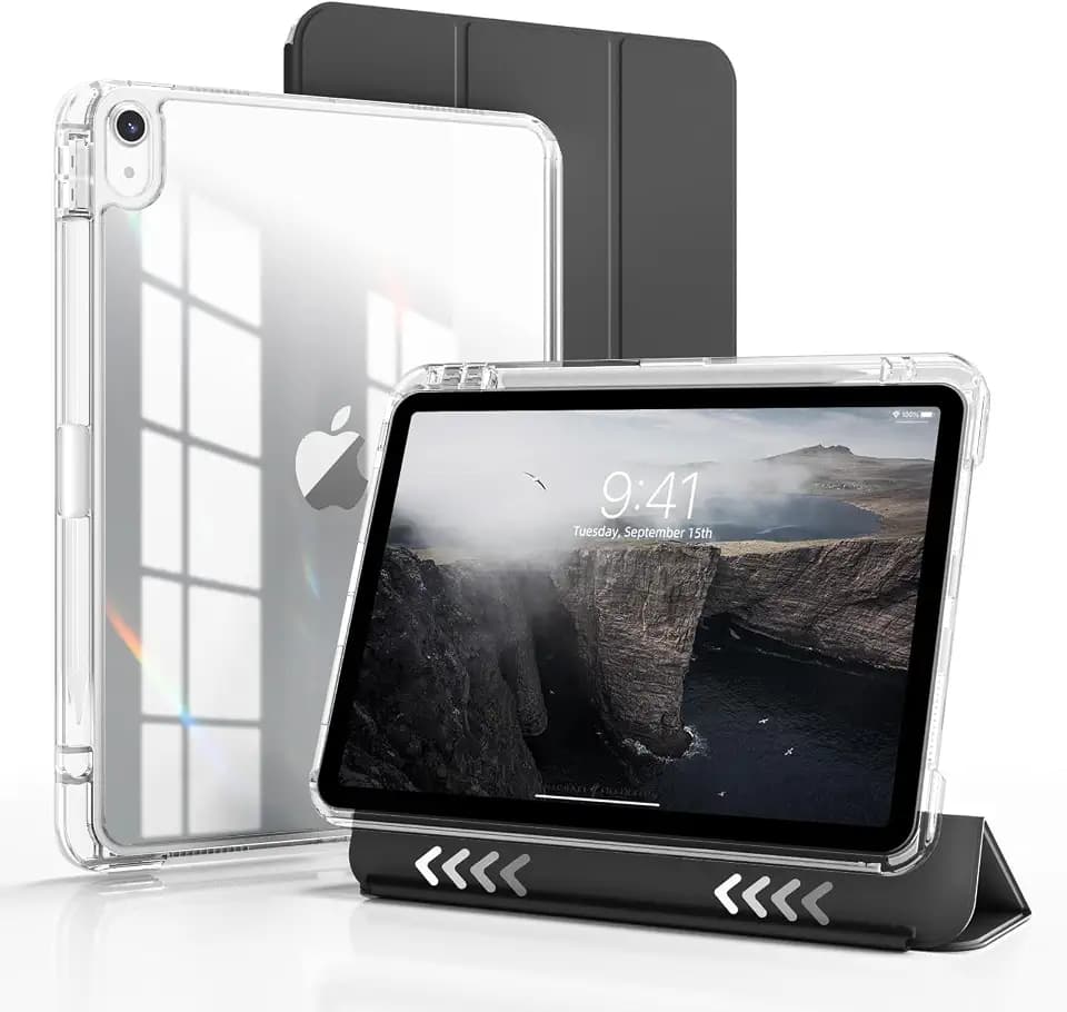 Hybrid-Hülle für iPad (A16) 11./10. Generation (2025/2022) mit Stifthalter, Stoßfeste Schutzhülle, Auto Schlaf/Aufwach, 2-in-1 Abnehmbare Vollständig transparente PC-Backplane, Schwarz