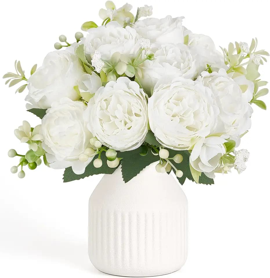 Mkono Fake Flowers with Vase 9" White Artificial Flowers Coffee Table Decor