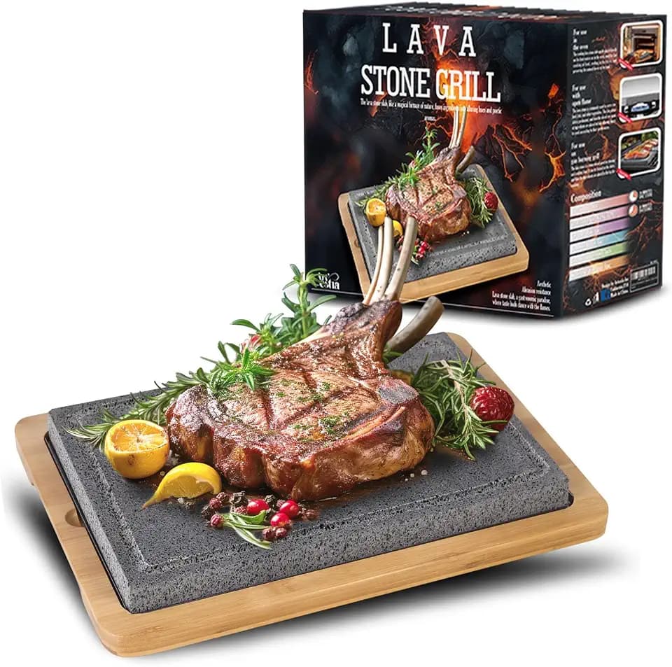 Artestia Extra Large Granite Stone for Cooking Steak, Hot Stone Plates Tabletop Grill, Sizzling Stone Grill Cooking Platter for Meat, BBQ Hot Steak Stones with Bamboo Platter (13.66"*8.93")