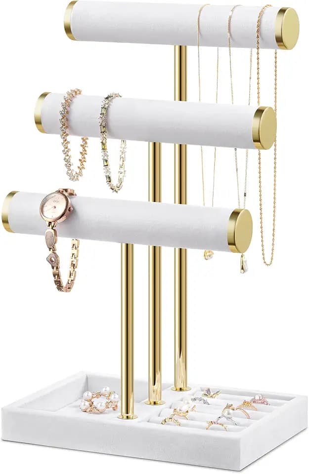 Bracelet Holder Jewelry Organizer Display - 3 Tier T Bar Velvet Stand, White Jewelry Storage for Bracelet, Necklaces, Earrings, Watches