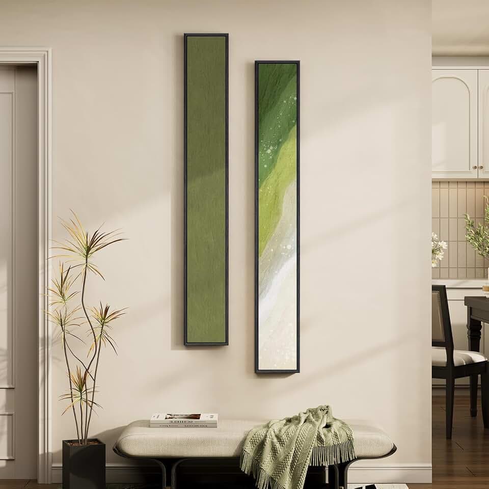 Framed Sage Green Abstract Long Narrow Wall Art Decor for Hallway, 2 Piece