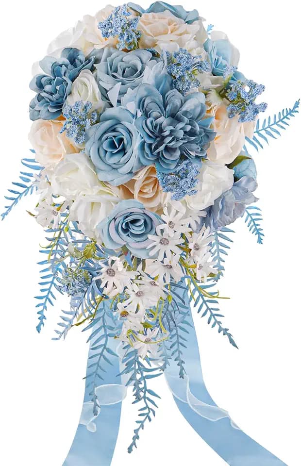 Dusty Blue Rose Bouquets for Bride Wedding White Navy Blue Champagne Cascading Bridal Bouquet Artificial Silk Flower Boho Rustic Ceremony Anniversary Decor Summer Fall Winter Wedding Toss Bouquet