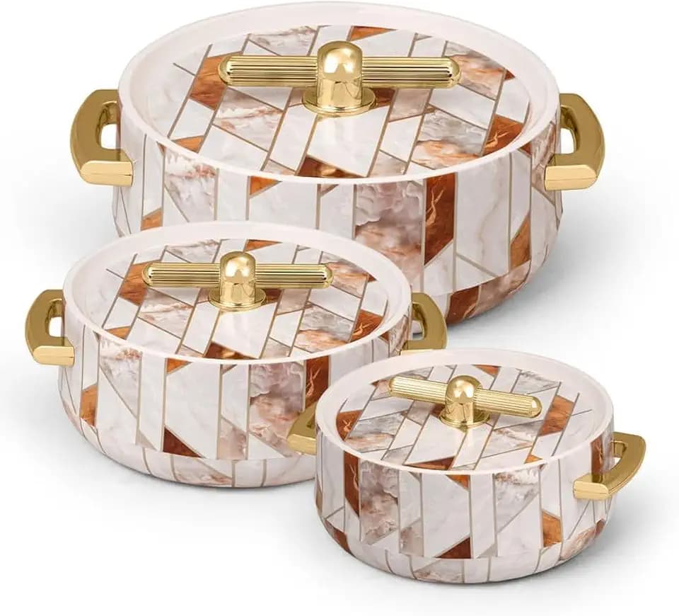 Casserole Inner Steel |BPA Free|Advanced P.U. Insulation|Keeps Food hot & Fresh Chapati, Roti, Biryani Set of 3 (1700ml, 1200ml, 600ml) (Royal Ceramica White)