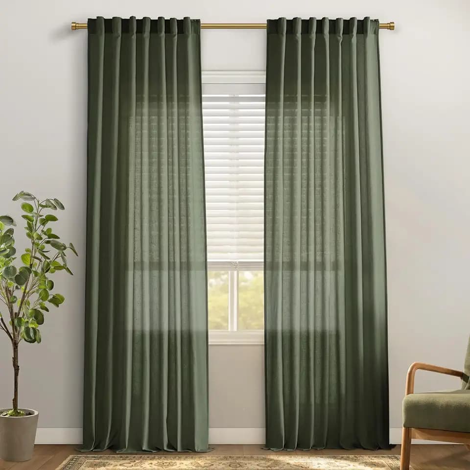 Olive Green Linen Curtains 90 Inch Long, Cotton Blend Plain Weave Light Filtering Semi Sheer Panels for Modern Organic Living Room Bedroom
