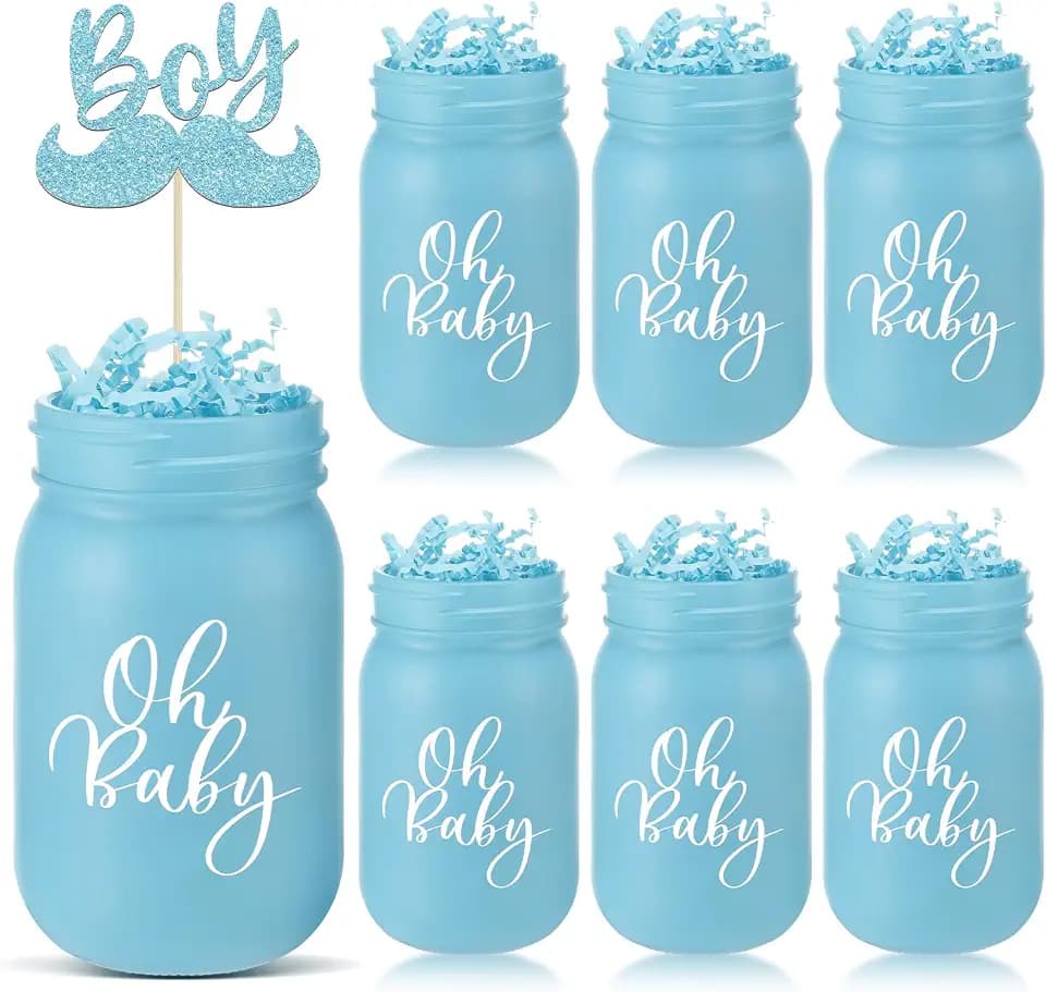 Funnymoom 6 Pcs Baby Shower Mason Jar Centerpiece Baby Shower Table Decoration Jars Vases with Crinkle Cut Paper for Boys Girls Party Table Centerpieces Toppers Decoration(Blue)