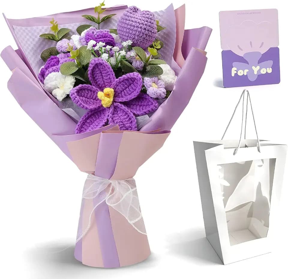 SwanMoon Crochet Flower Bouquet – Handcrafted Purple Knitted Flowers, Crochet Tulip & Galsang Flower for Anniversary, Birthday, Mother's Day, Graduation Gifts – Includes Gift Card
