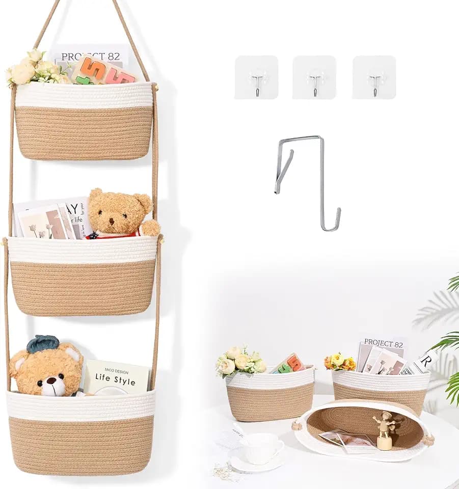 Hanging Basket, 3-Tier Woven Wall Basket with 4 Hooks, Cotton Rope Storage Baskets, Over the Door Organizer for Nursery, Bedroom, Cottage and Boho Wall Decor