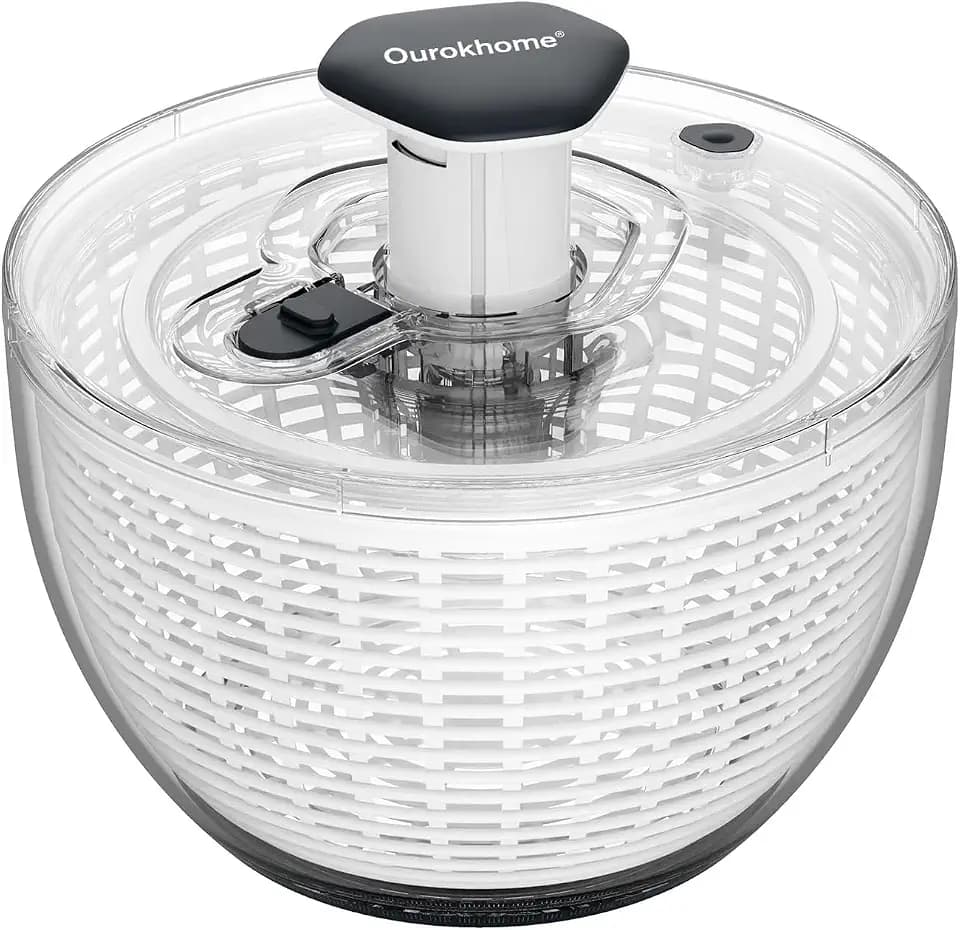 Ourokhome 6.3 QT Salad Spinner with Fully Removable Lid, Large Lettuce Dryer with One-Hand Press Pump, Instant Stop Brake Button and Retractable Handle, Vegetable Washer & Spinner for Greens and Herbs