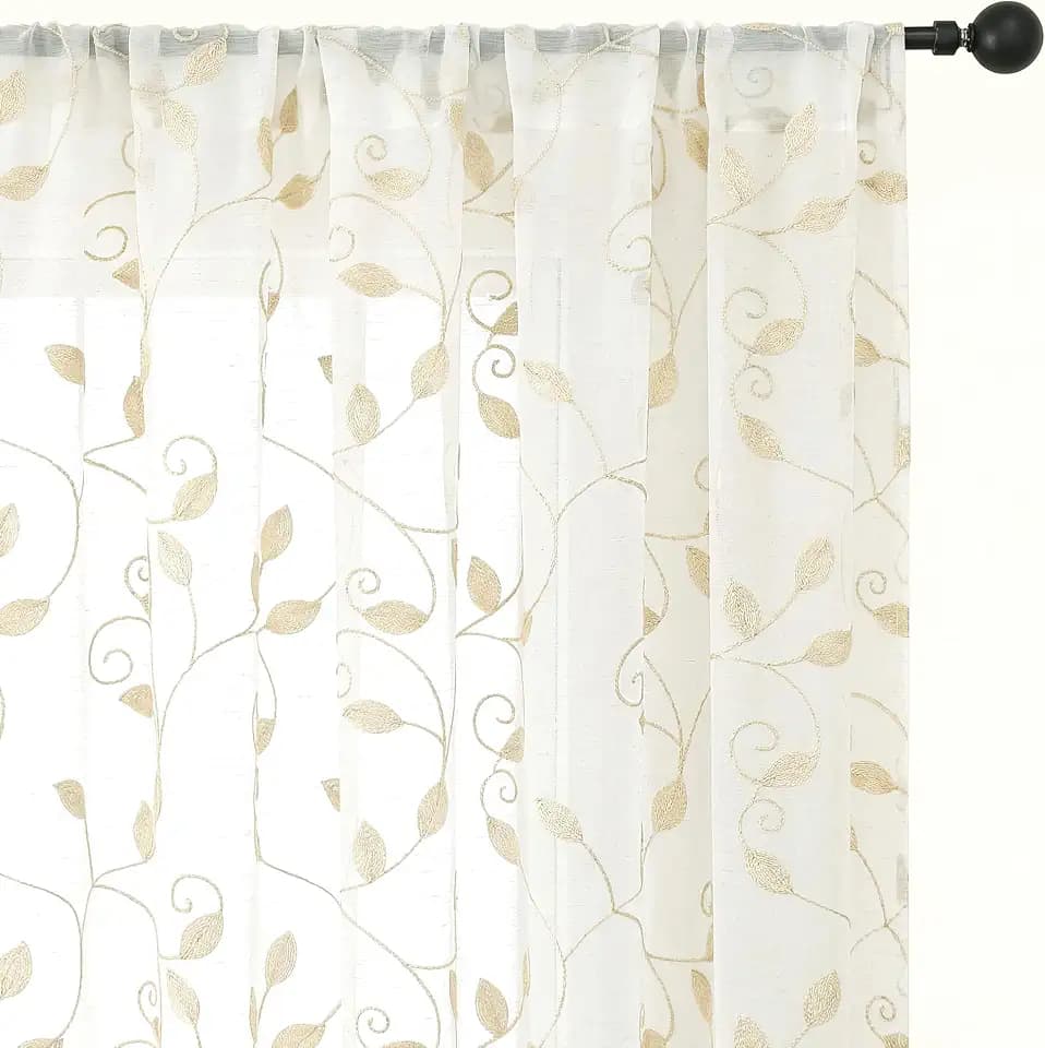 Aiyufeng Natural Sheer Curtains 63 Inchs Long 2 Panels Set for Bedroom Living Room,Light Filtering Embroidered Leaf Pattern Textured Rod Pocket Semi Sheer Voile Drapes Window Treatment,40x63 Inch