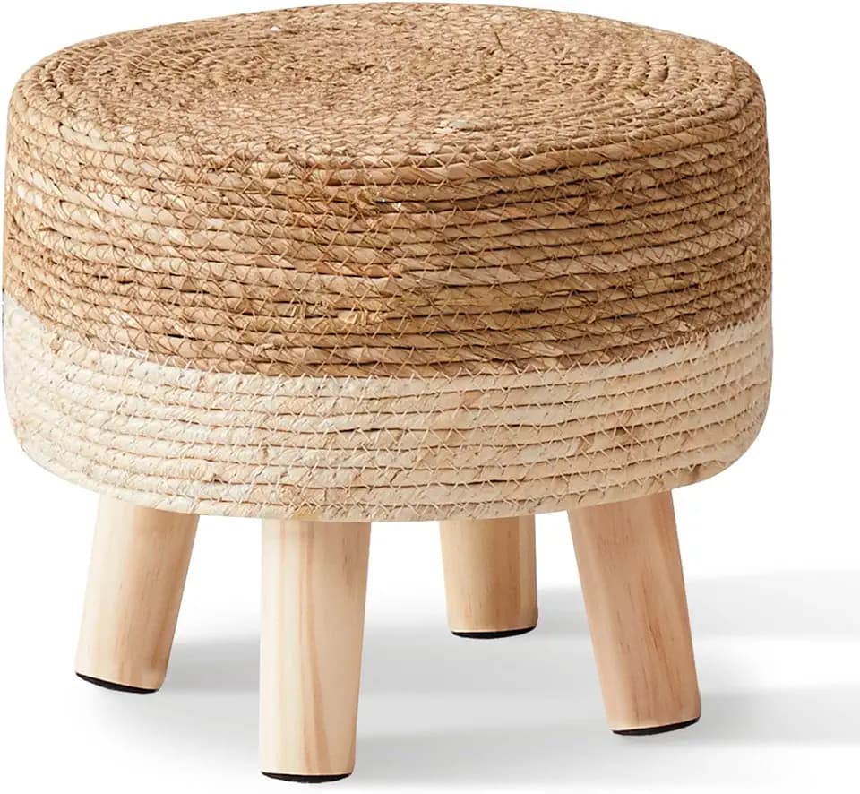 Cpintltr Foot Stool Natural Seagrass Hand Weave Poufs Round Ottoman for Couch Desk Soft Step Stool Padded Foot Rest with Non-Skid Pine Legs for Hallway Office Lounge Natural/White