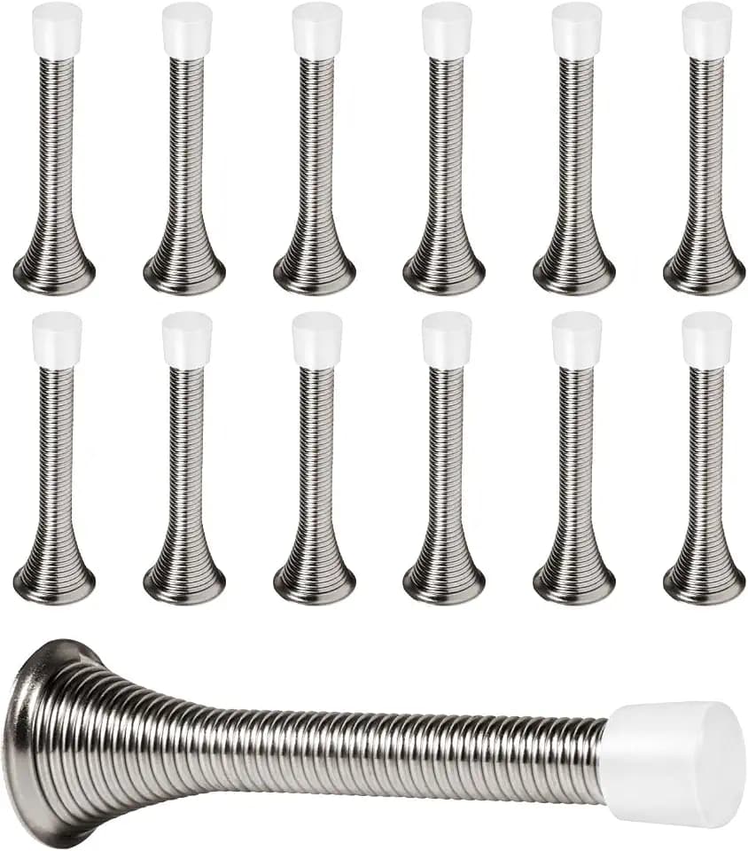KISEER 12 Pack Spring Door Stops 3 1/4 Inch Flexible Heavy Duty Spring Door Stopper with RustProof Screw Rubber Bumper Tips (Satin Nickel)