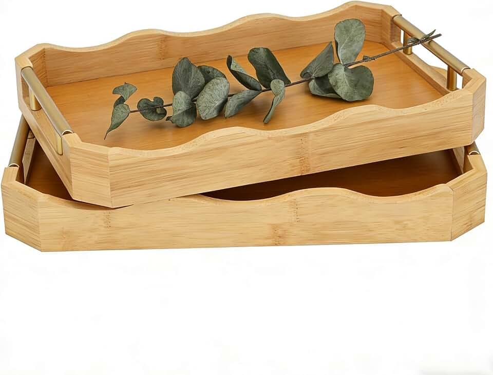 Decorative Bamboo Serving Tray Set with Gold Metal Handles, 2 Pack Ottoman Coffee Table Trays, 14.5x9.8 and 15.75x11 Inches (Bamboo Color)