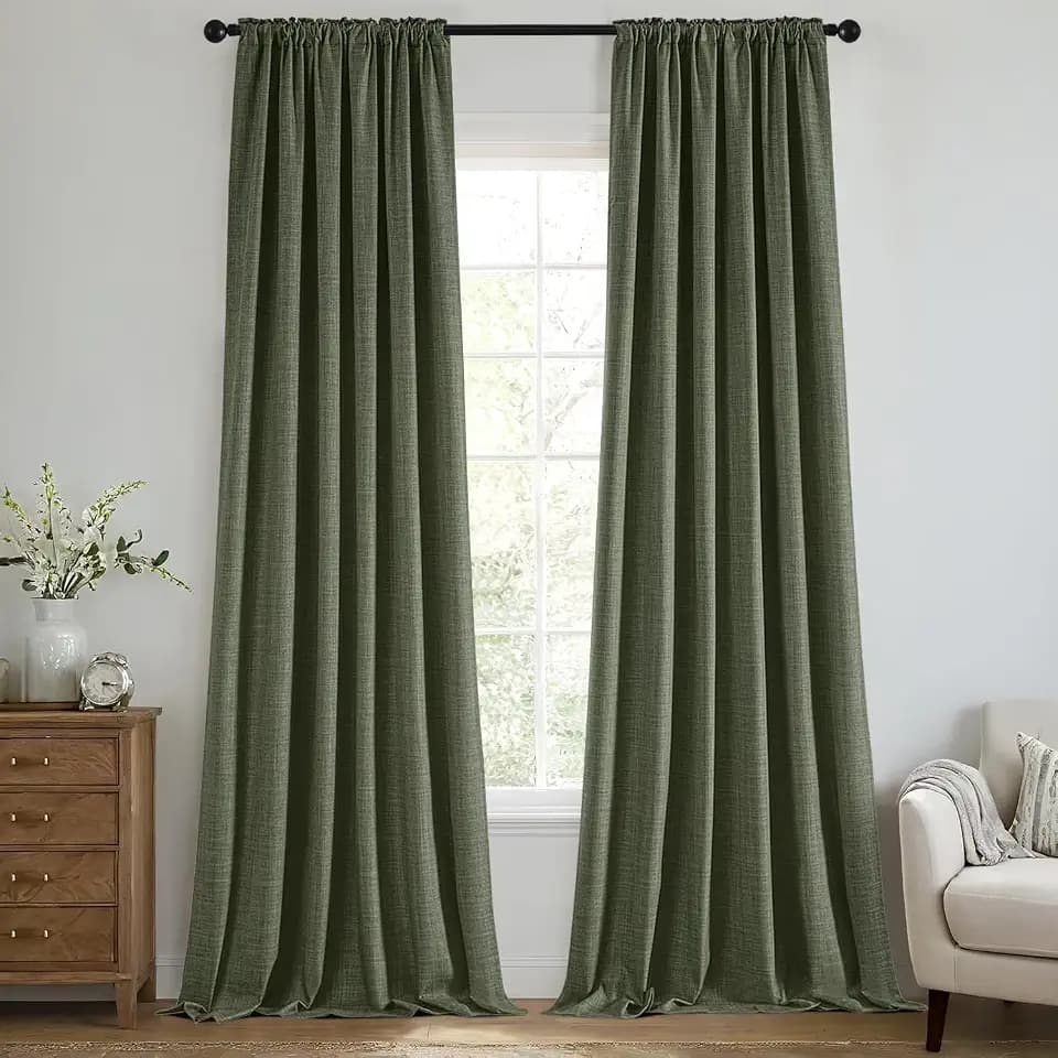 MIULEE 100% Blackout Back Tab Pleat Linen Curtains 50" Wx84 L,Olive Green