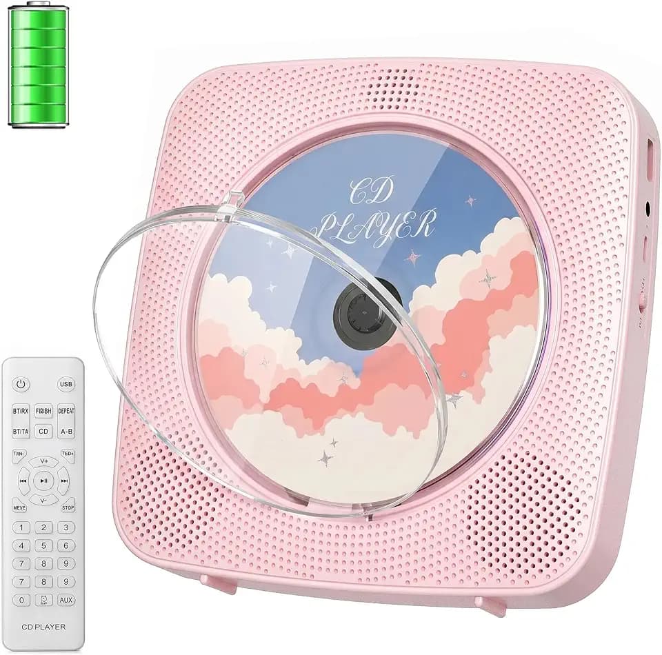 Gueray Desktop CD Player Bluetooth CD-Spieler mit Lautsprechern für Zuhause 1800mAh Tragbarer CD-Player mit AUX USB Kopfhörer Jack FM Radio mit Fernbedienung Staubschutz LCD Display für Kinder-Rosa