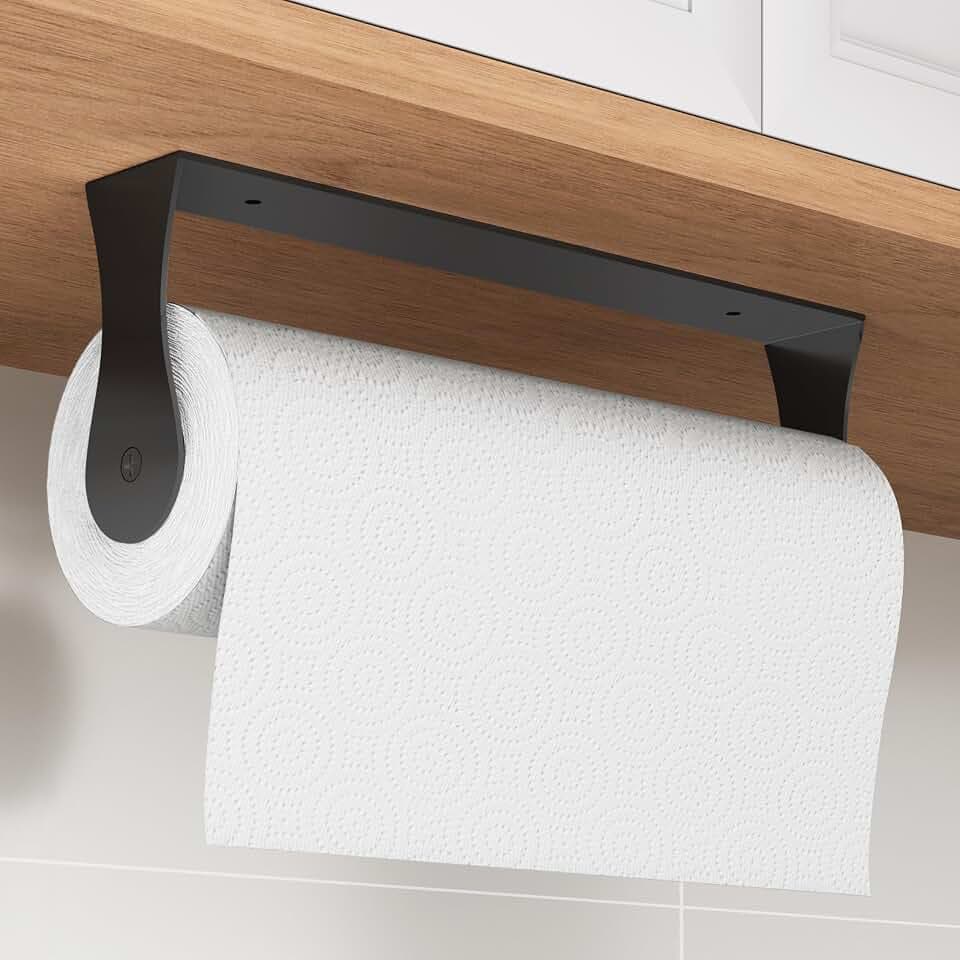 Paper Towel Holder Under Cabinet, Wall Mount, Adhesive or Drilling, Black