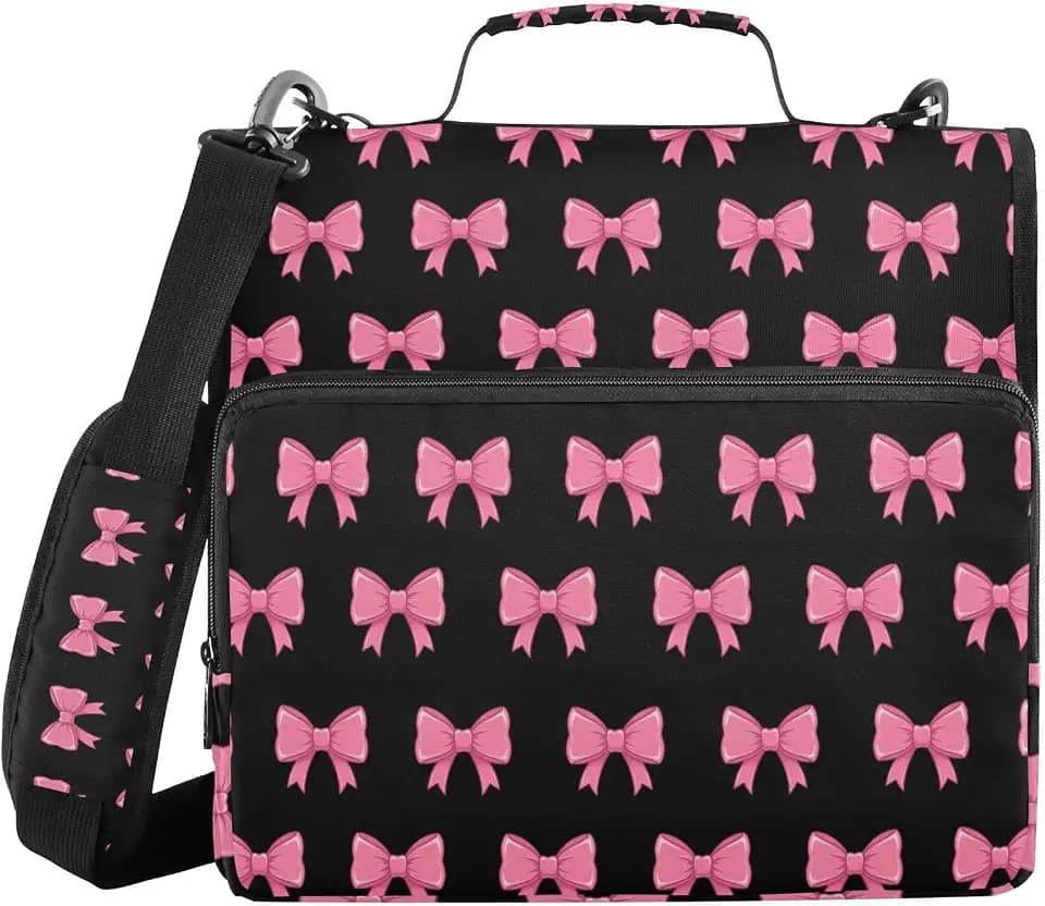 Elegant Bows Pink Black Zipper Binder 3 D-Ring, Multi-Pockets Binder with Shoulder Strap 600 Sheet Capacity Expanding File Folder