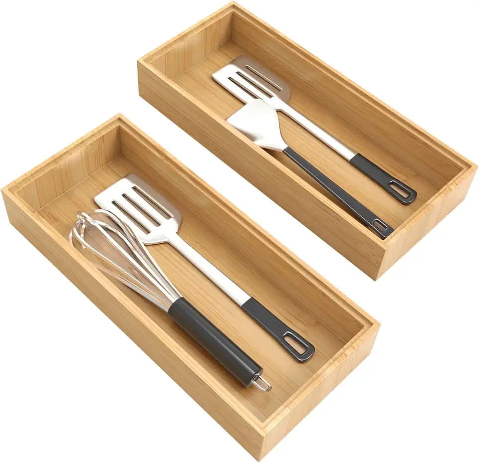 Bamboo Drawer Organizer, 2PCS Stackable Storage Boxes for Utensil Organizer, Wood Tray for kitchen, Bathroom and Bedroom 15" x 6" x 2"