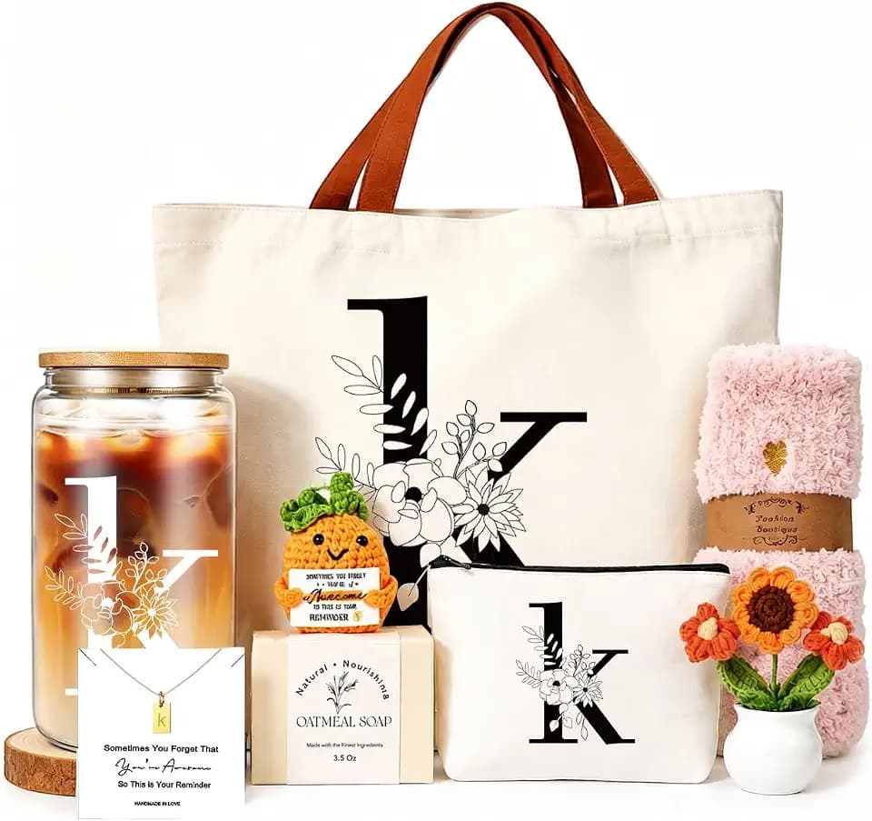 DHQH Birthday Gifts for Women, Monogrammed Gifts Box Included 16 oz Initial Glass Drinking Cup,Canvas Tote Bag, Personalized Iced Coffee Tumbler Gift for Women Her Mom Teacher Friends Sister, K