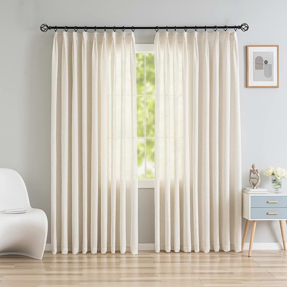 Faux Linen Pinch Pleat Curtains 54W x 96L Inches Light Filtering Pinch Pleated Drapes for Living Room Bedroom, Easy Hanging with Hooks 1 Panel