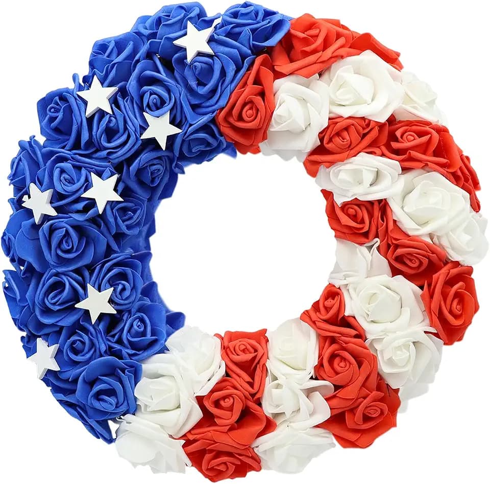 4th of July 18 Inch Wreath with Handmade Wooden Stars - Patriotic Front Door Wreath, Red White Blue American Flag Decoration for 250th Independence Day, Decor for Porch, Indoor Outdoor