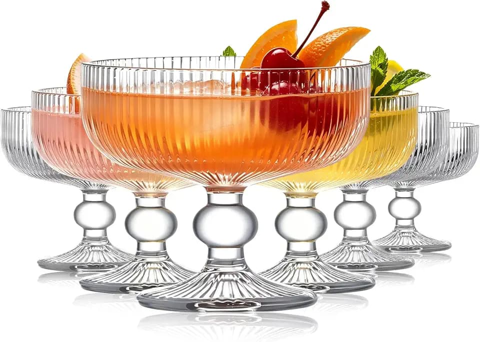 Coupe Glasses Set of 6, 10.8 oz Ribbed Cocktail Glasses with Stem, Vintage Espresso Martini Glasses for Margaritas, Champagne, Desserts and Home Bar