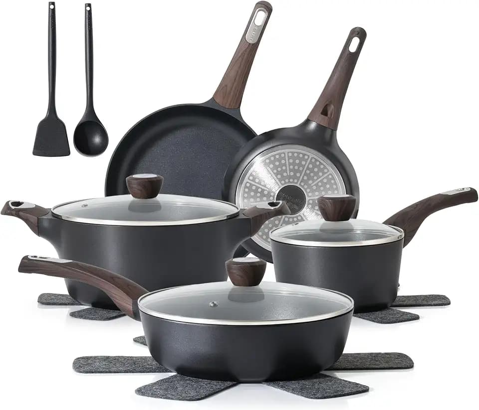 SENSARTE Pots and Pans Set Non stick, Non toxic Healthy Induction Cookware Sets, 14 Pcs Non Stick Kitchen Cooking Set with Frying Pans Set & Saucepan, PFOA PFOS APEO Free, Black