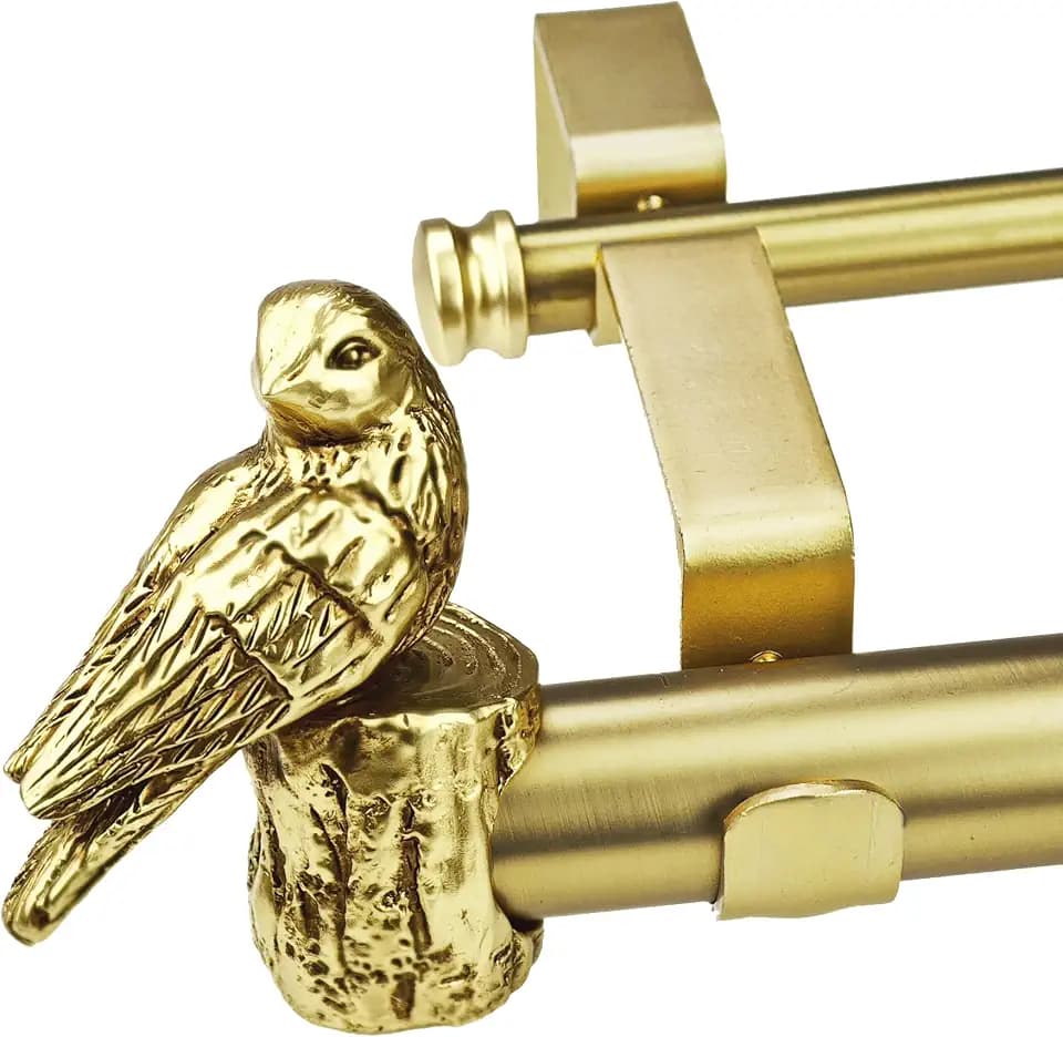 1-1/8 Inch Diameter Brushed Gold Curtain Rod with Bird Design Finials, 72-144'' Telescoping Double Curtain Rods for window width 68-140 inch, Decorative Drapery Rods for Bedroom,Living Room