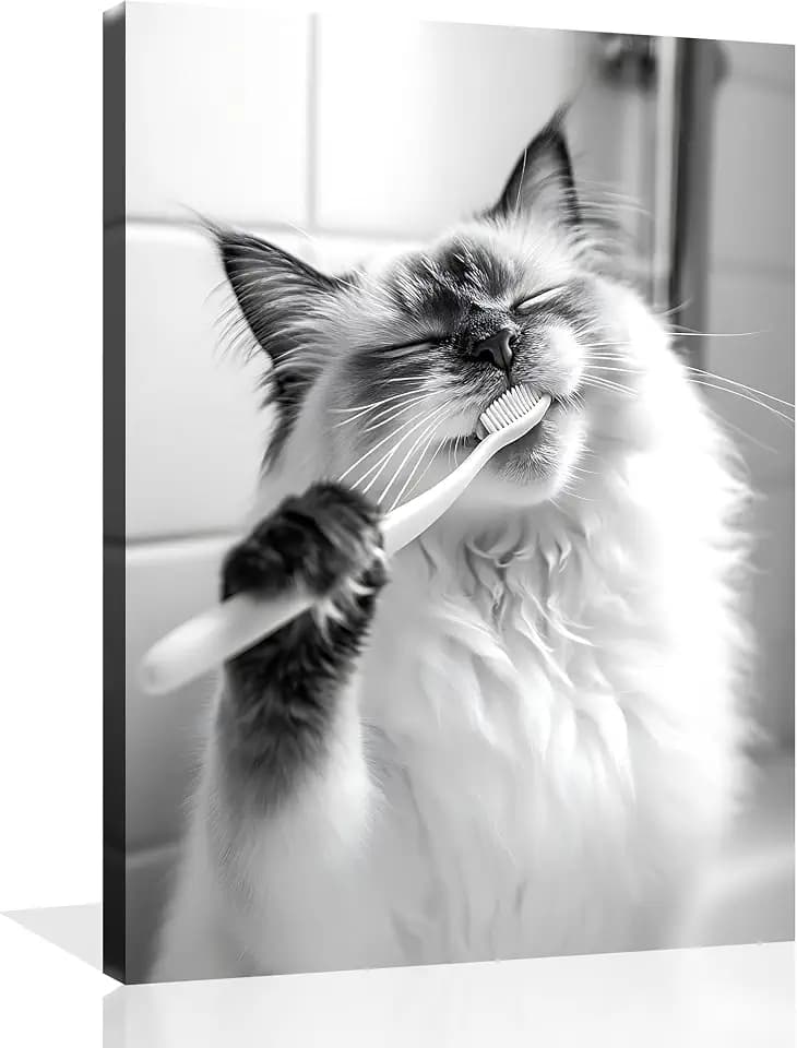 OWNANRTHM Cat Bathroom Canvas Wall Art Funny Animal Bathroom Wall Art Cat Brushing Teeth Bathroom Painting Black and White Animal Bathroom Pictures for Bathroom Restroom Wall Framed Poster 12X16 inch