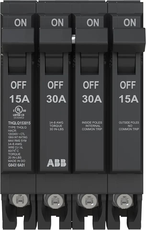ABB Q-Line® THQLQ153015 Quad Circuit Breaker • 15A/1P, 30A/2P, 15A/1P Configuration • 120/240 VAC • 10 kAIC Interrupt Rating • Thermal Magnetic Plug-On Breaker for Load Centers