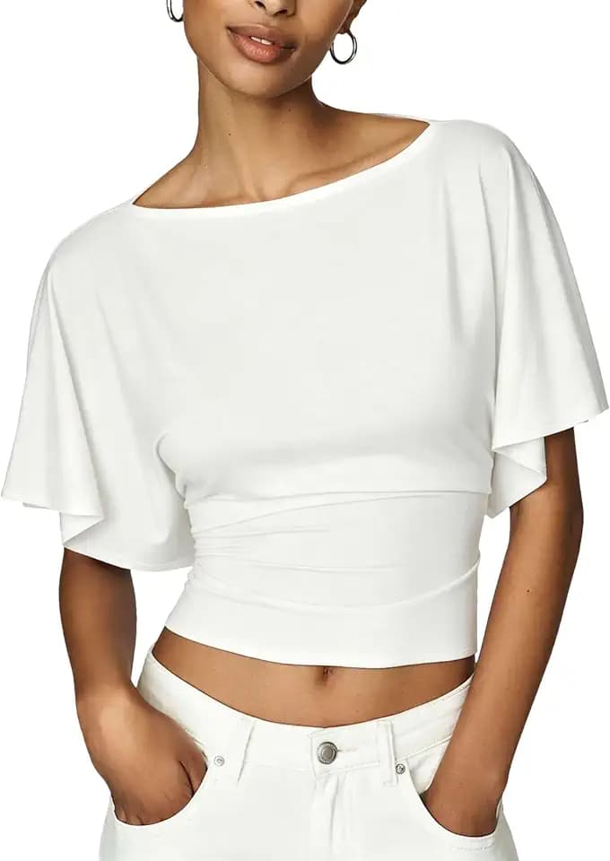 Womens Summer High Stretchy Crop Top Short Sleeve Tie Slim Cinched Waist Workout Shirts