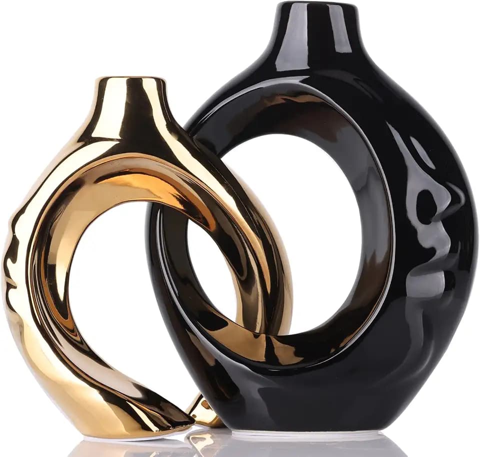 Black Gold Ceramic Vase Set of 2 for Modern Home Decor,Round Boho Vase for Pampas Grass,Neutral Minimalist Statue for Dining Room Table Centerpiece Dining Room,Wedding Table Decoration