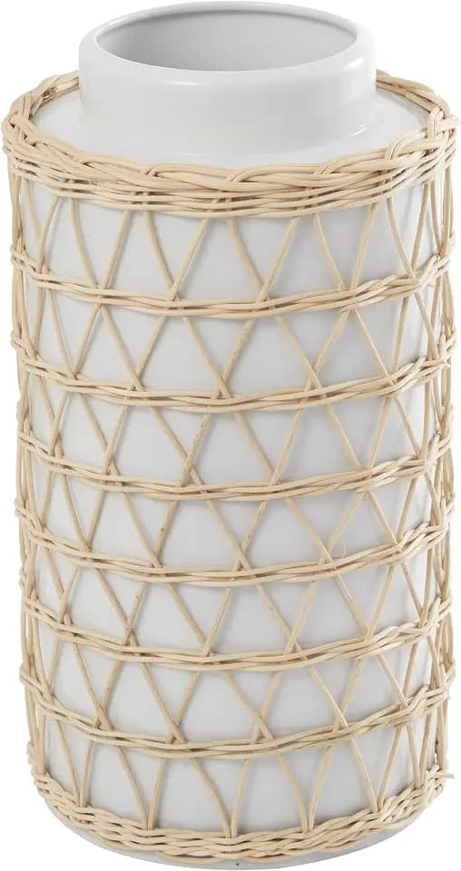 Deco 79 Ceramic Handmade Decorative Vase Centerpiece Vase with Woven Rattan Exterior, Flower Vase for Home Decoration 8" x 9" x 15", White