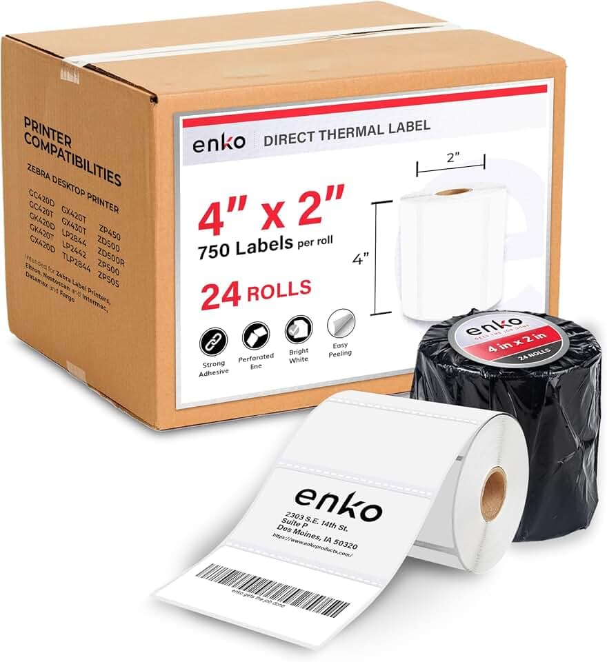 enKo 4 x 2 in 24 Rolls | 18000 Direct Thermal Address and Shipping Labels