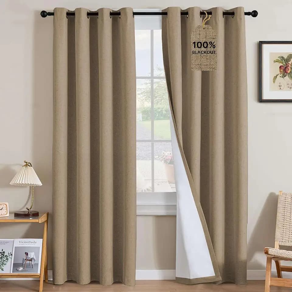 H.VERSAILTEX Linen Blend Curtains 100% Blackout Curtains for Bedroom 96 inch Long Full Light Blocking Nature Linen Blended Window Curtains for Living Room Nickel Grommet (2 Panels, Heathered Macchiato