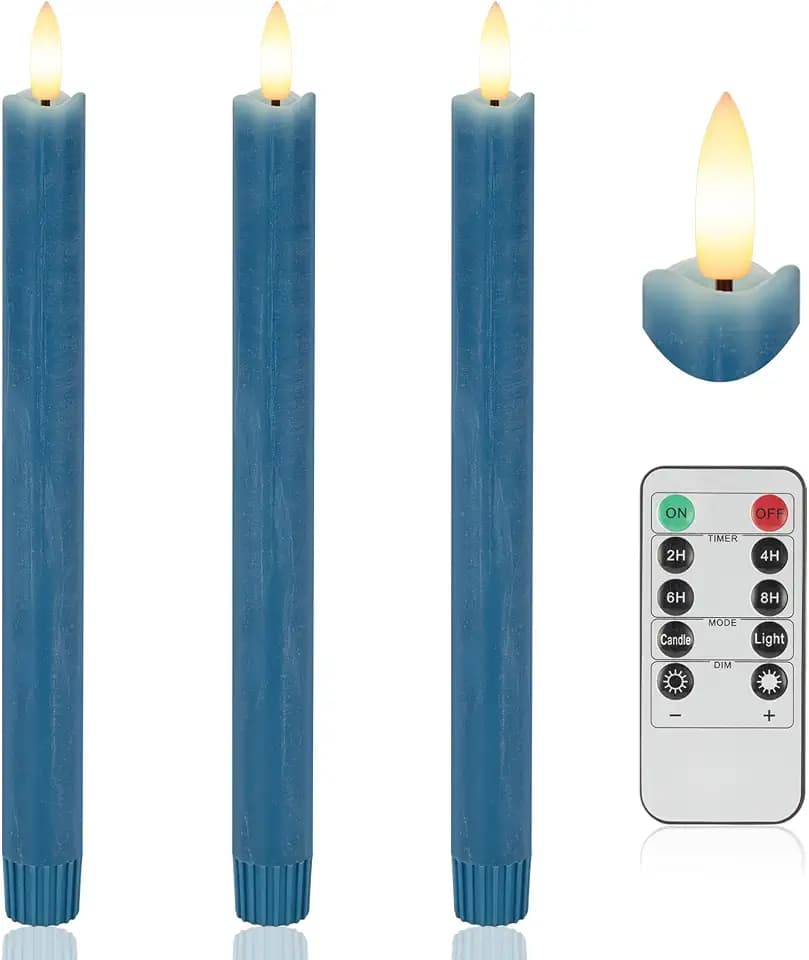 Blue Flameless Taper Candles with Remote, Battery Operated Candles
