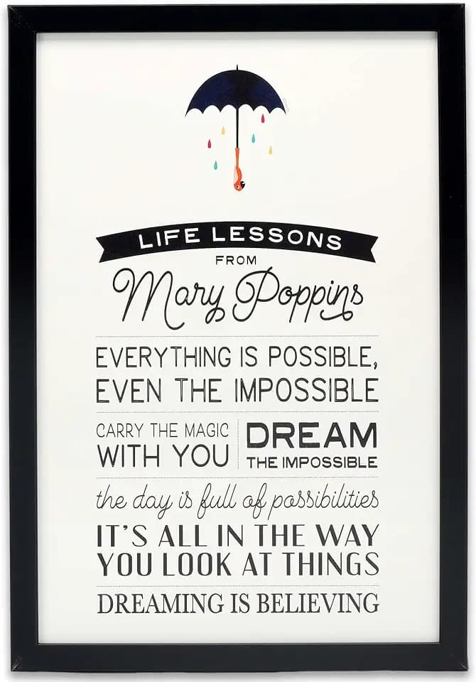 Disney Mary Poppins Inspirational Quotes Framed Wood Wall Decor - Charming Mary Poppins Picture for Office, Living Room or Bedroom