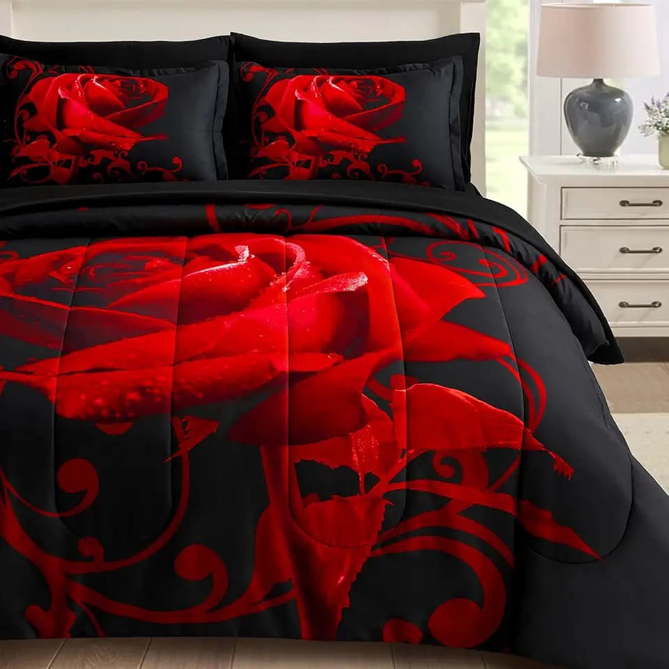 WONGS BEDDING Red Comforter Set King, Reversible Red Rose Printed 7 Pieces Bed in a Bag, Lightweight Soft Microfiber Comforter Bedding Sets with Comforter, Flat Sheet, Fitted Sheet, Pillowcases&Shams