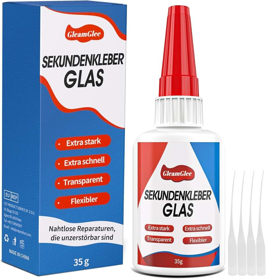 Sekundenkleber Glas 35g, ultrastarker Glaskleber transparent | wasserfest und hitzebeständig mit 4 Präzisionsspitzen für Glas, Acrylglas, Kunst, Kristall und mehr