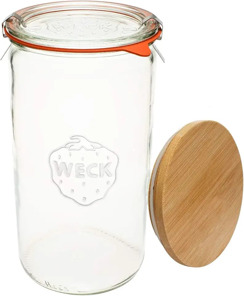 Weck Jar 974 Glass Jars 1.5L with Large Storage Capacity Preserving Jars with Airtight Lids Suitable for Pickling - 1 Jar with Glass Lid & Wooden Lid 54 fl. oz