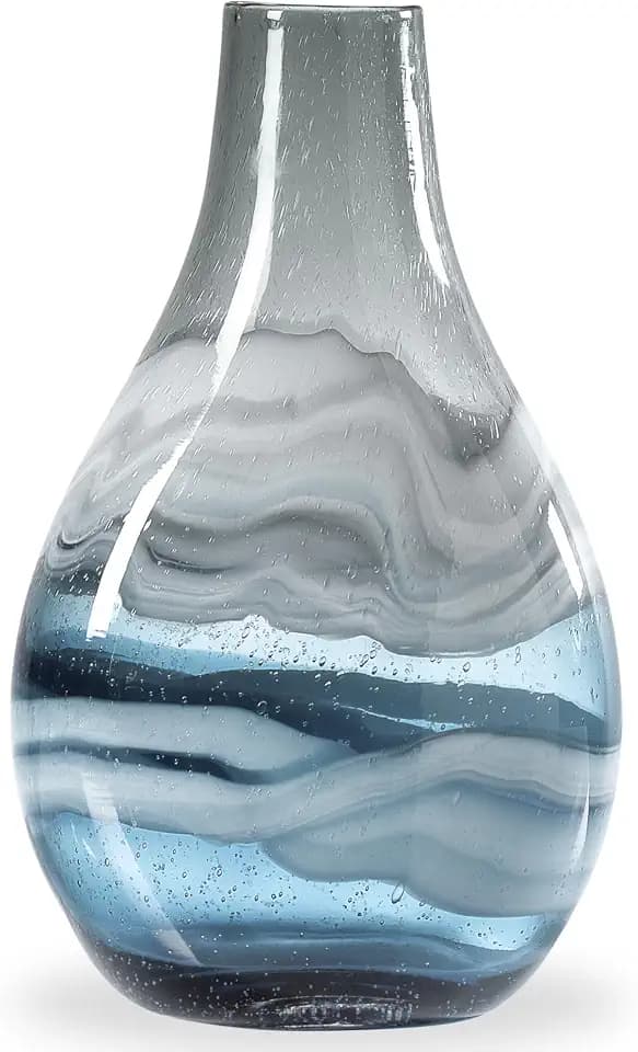 Torre & Tagus Andrea 14" Hand Blown Blue Glass Vase, Unique Coastal Swirls