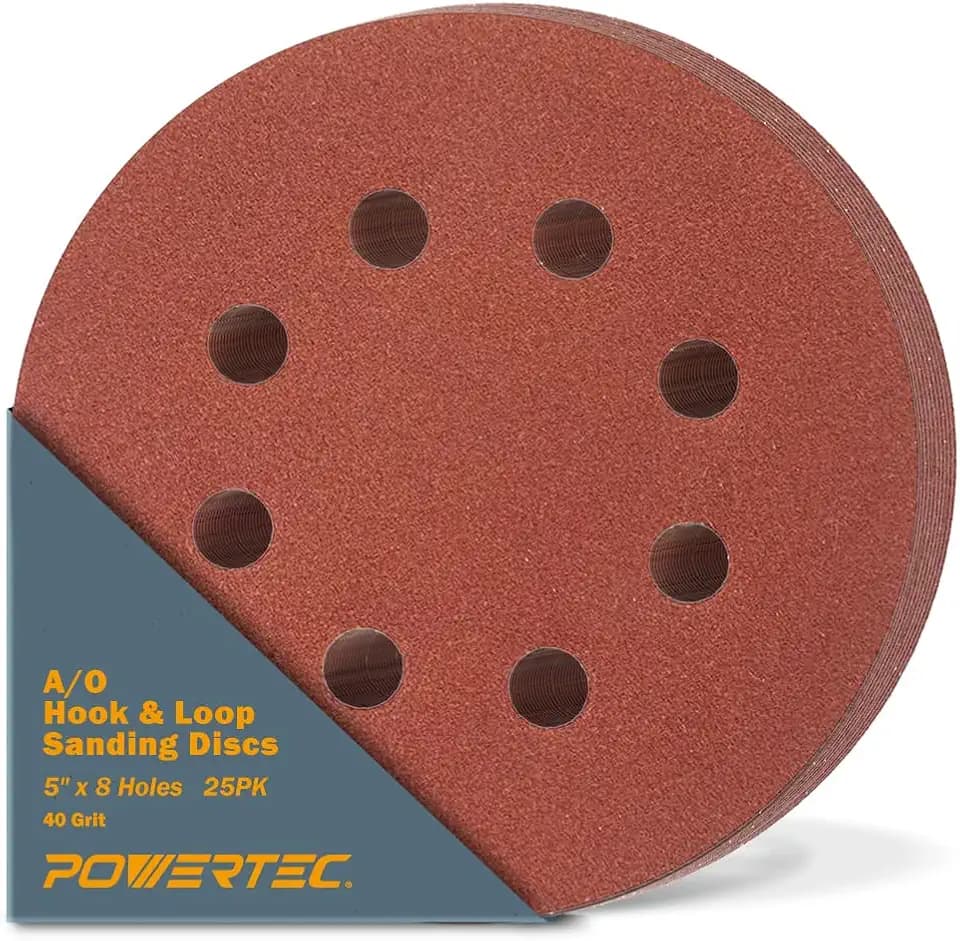 POWERTEC 25PK, 40 Grits, Sanding Discs 5 Inch - Hook and Loop, 5 Inch 8 Hole Aluminum Oxide Sandpaper Discs, Woodworking Sanding Pads for Random Orbital, Palm, Air, DA & Pneumatic Sander (45004)