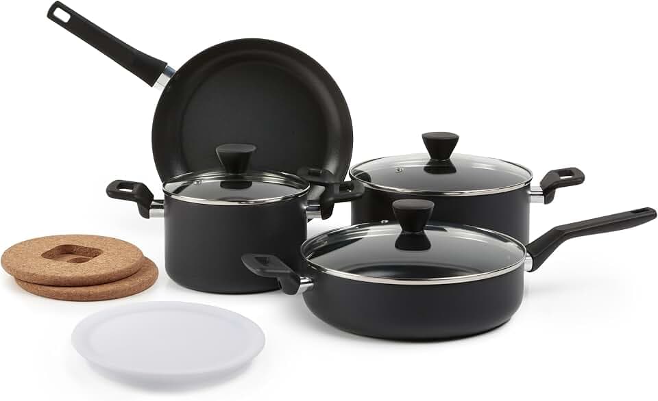 Amazon Basics 10 -Piece Hard Anodized Non-stick Stackable Cookware Set, Oven Safe, Dishwasher Safe, Stay-Cool Handles, Space Saving, Black