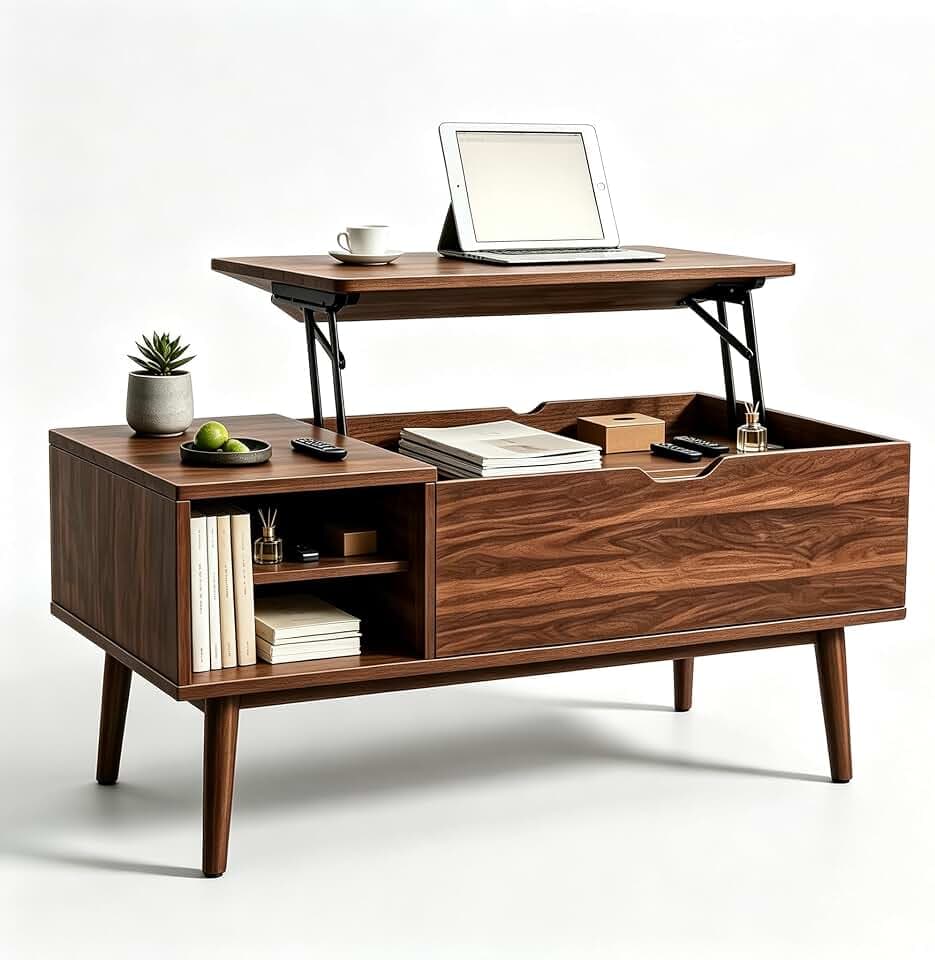 OLIXIS Wood Lift Top Coffee Table with Hidden Compartment and Large Storage Shelf, Lift Tabletop Dining Center Table for Home Living Room Office, Dark Brown