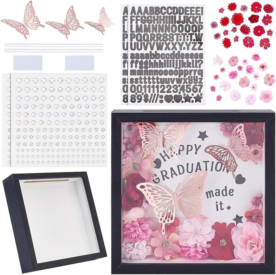 WEBEEDY Graduation Caps Frame Decorations Kit 50Pcs DIY 3D Shadow Box Memory Keepsake for Graduate,Complete Kit with Faux Flowers,3D Butterflies & Sticker for College Graduation Party Decor Gift