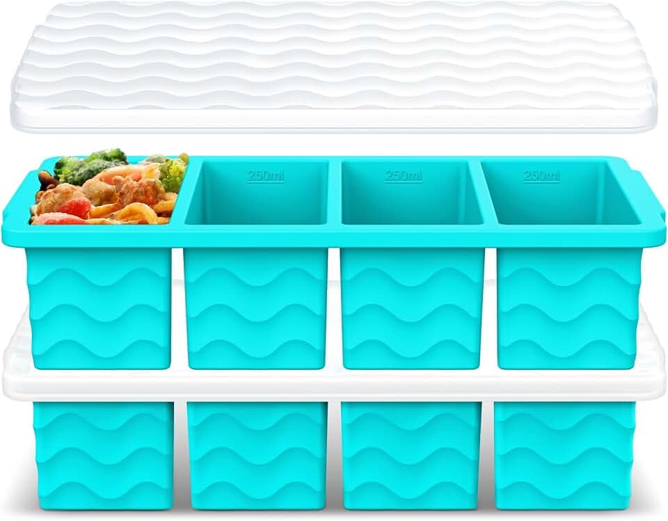 Doasuwish Silicone Freezer Tray for Soup with Lid – 1-Cup Soup Container Cube Style Ice Cube Trays for Freezer, Meal Prep & Food Storage, Freeze 250mL/125mL Portions – 2 Pack